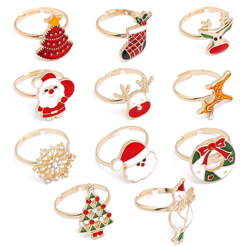 Children Christmas Ornaments Kawaii Cartoon Snowman Elk Snowflake Ring For Women&Girl Happy New Year Party Jewelry Opening Ring 
