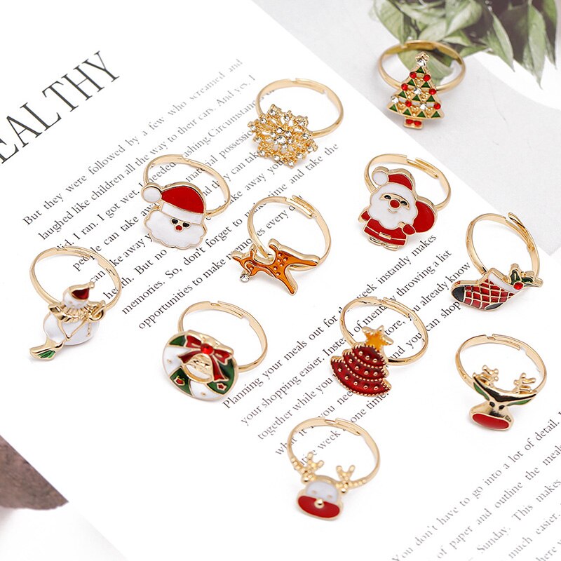 Children Christmas Ornaments Kawaii Cartoon Snowman Elk Snowflake Ring For Women&Girl Happy New Year Party Jewelry Opening Ring 