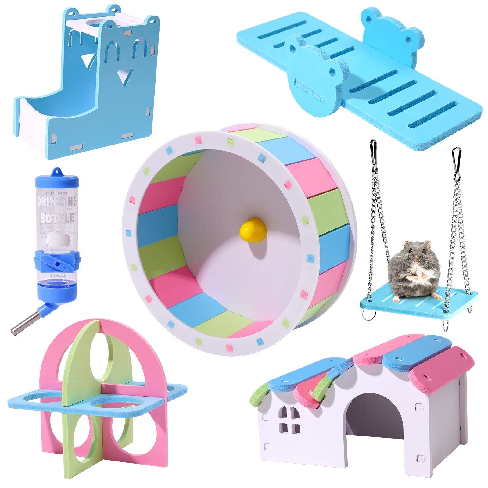7-Pack Hamster Exercise Wheel & Accessories Set Color: Blue 