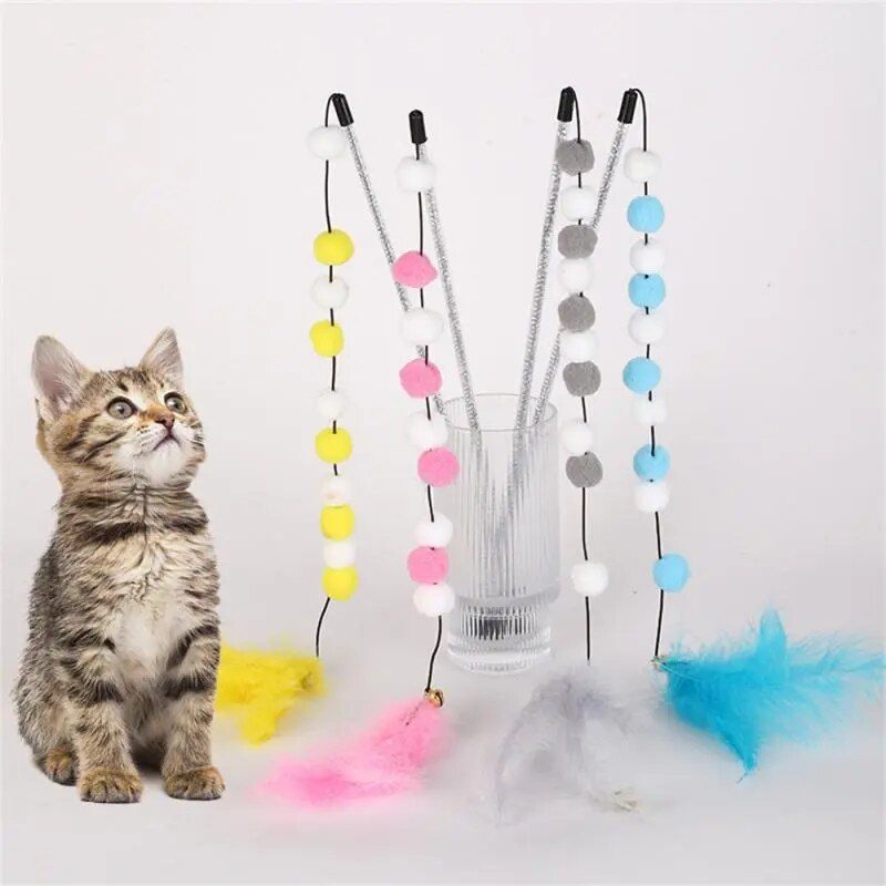 Colorful Feather Pompon Cat Teaser - Interactive Kitten Play Wand 