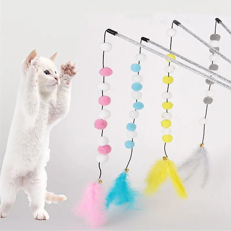 Colorful Feather Pompon Cat Teaser - Interactive Kitten Play Wand 
