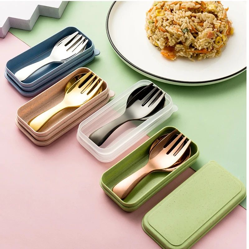 Compact Stainless Steel Spoon & Fork Set with Lunch Box - Ideal for Camping and Outdoor Adventures 