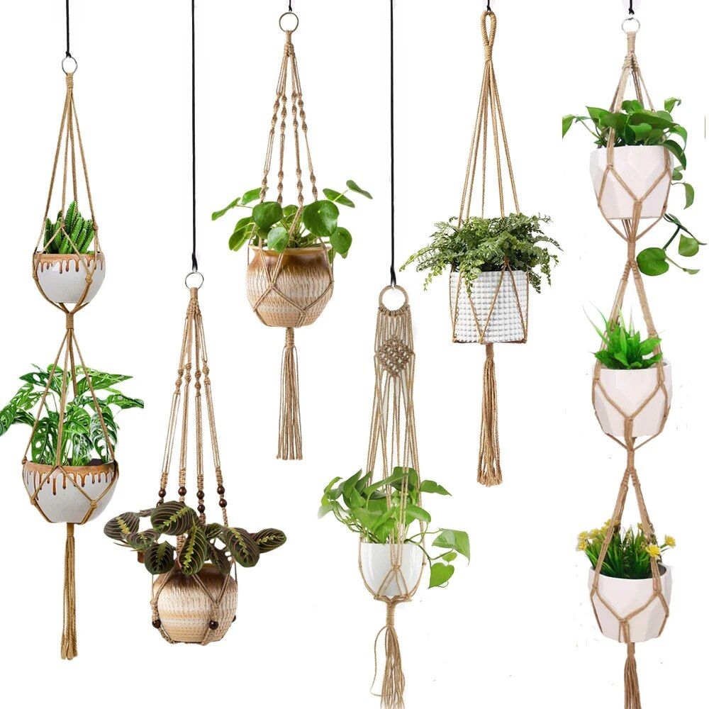 Eco-Friendly Macrame Jute Plant Hanger with Linen Pot Holder and Tray 