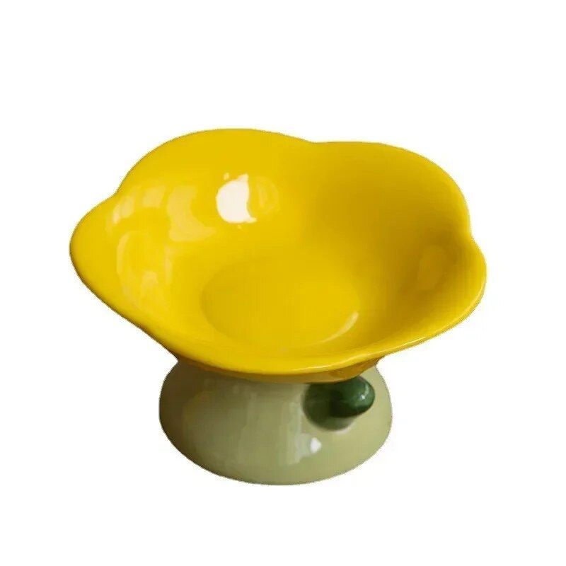 Elevated Flower-Shaped Ceramic Pet Bowl for Food & Water Color: Plate Yellow 