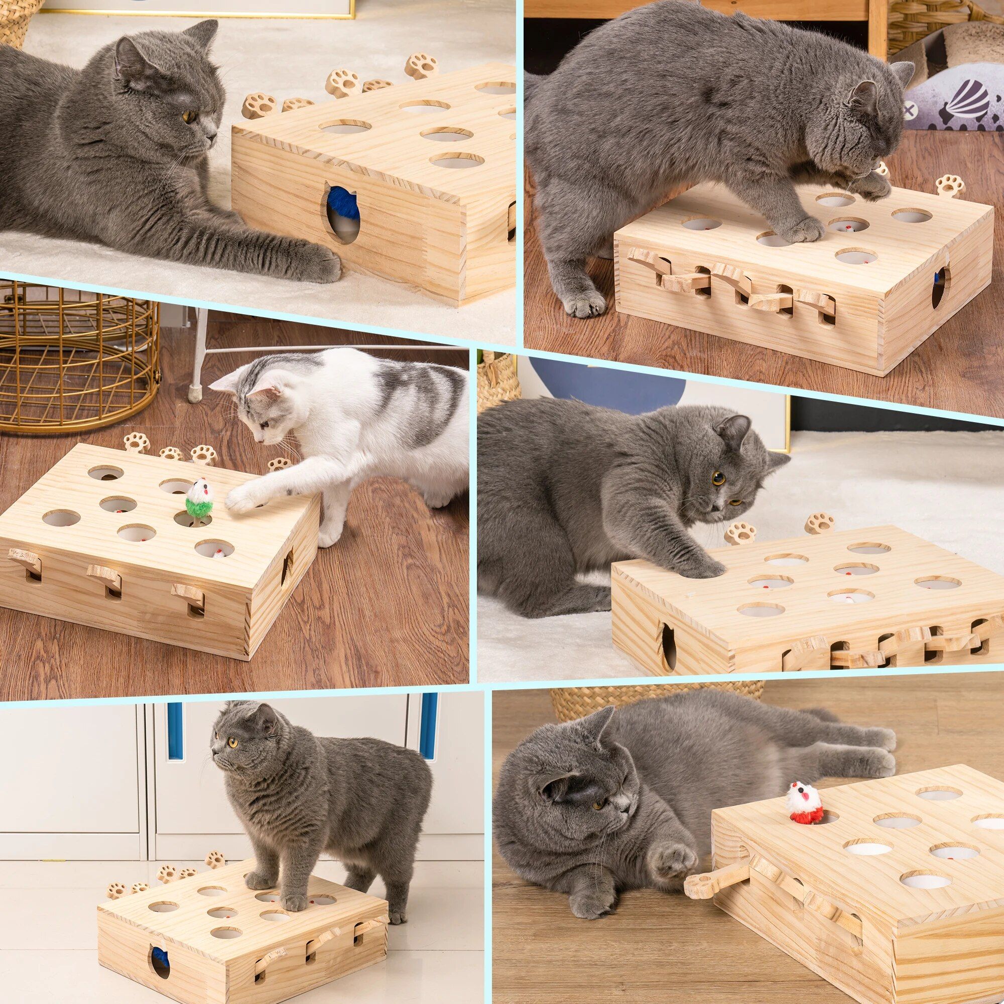Interactive Solid Wood Whack-a-Mole Cat Toy with Natural Wood Finish 