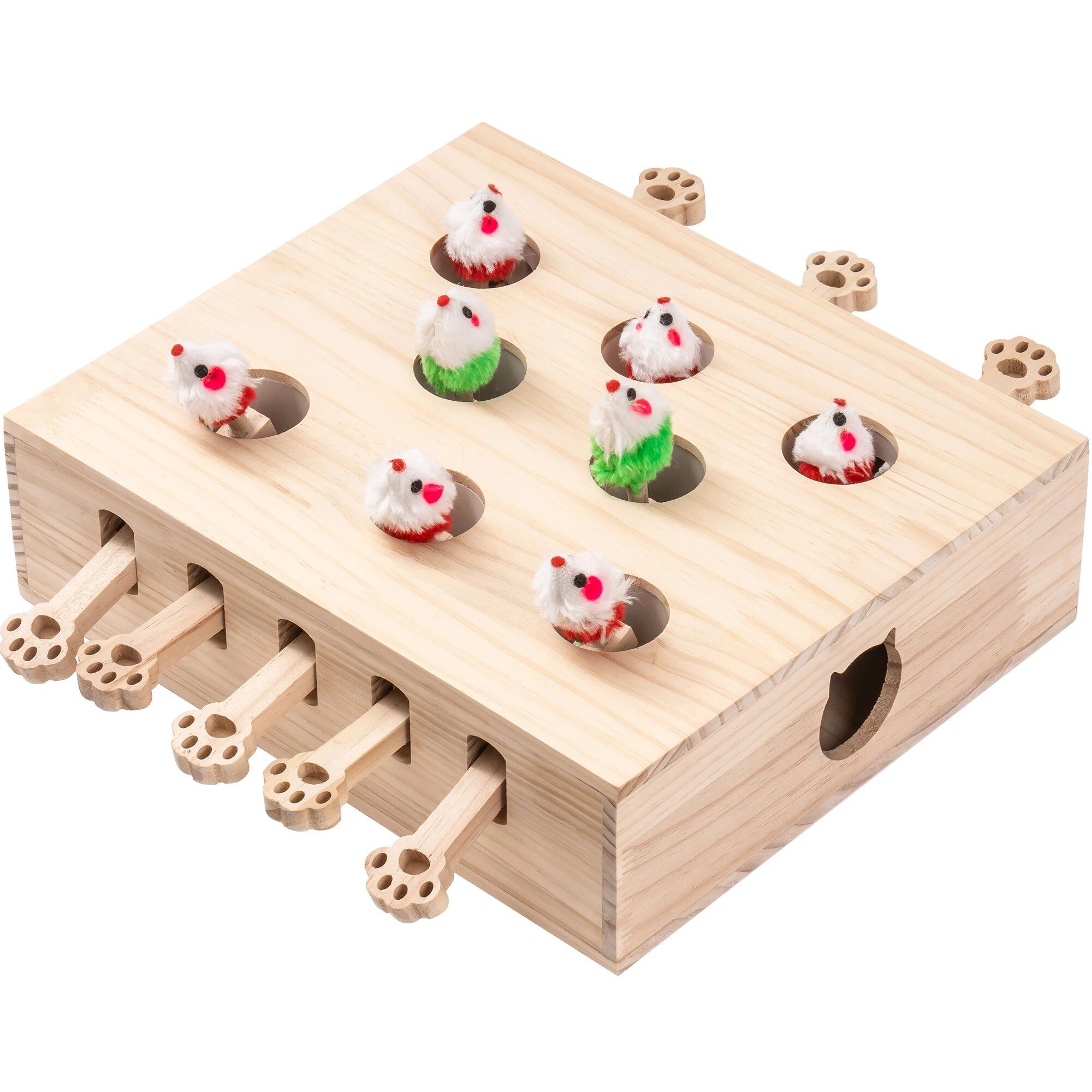 Interactive Solid Wood Whack-a-Mole Cat Toy with Natural Wood Finish 