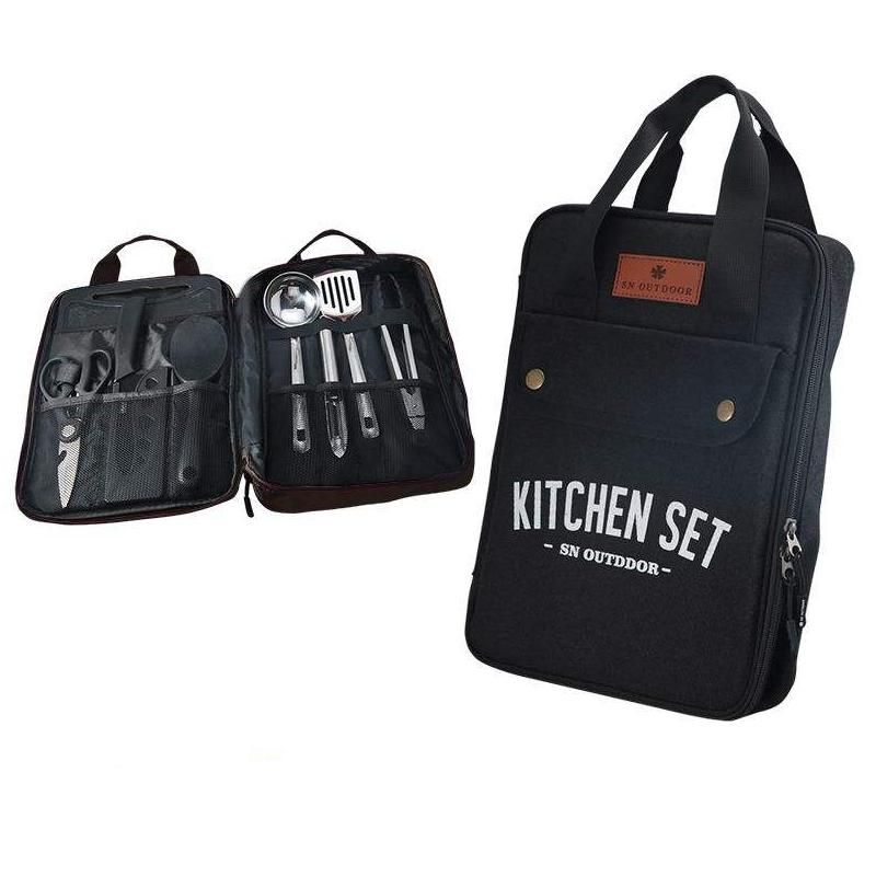 Stainless Steel 8-Piece Camping Kitchenware Set with Cutlery and Storage Kit Color: Black 