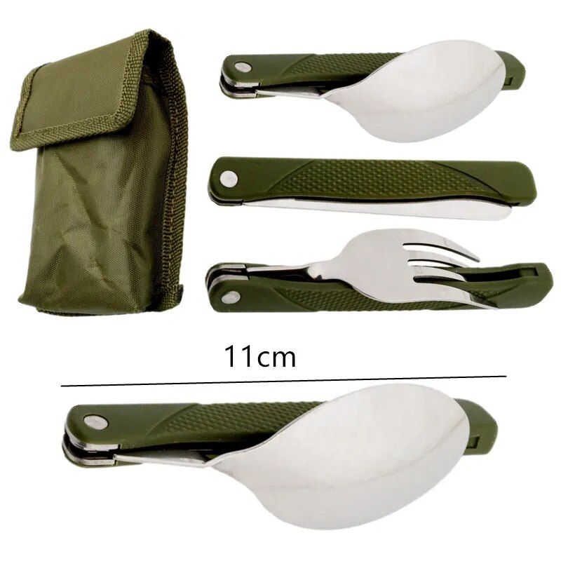 Stainless Steel Folding Cutlery Set with Canvas Bag - Ideal for Camping and Outdoor Adventures 