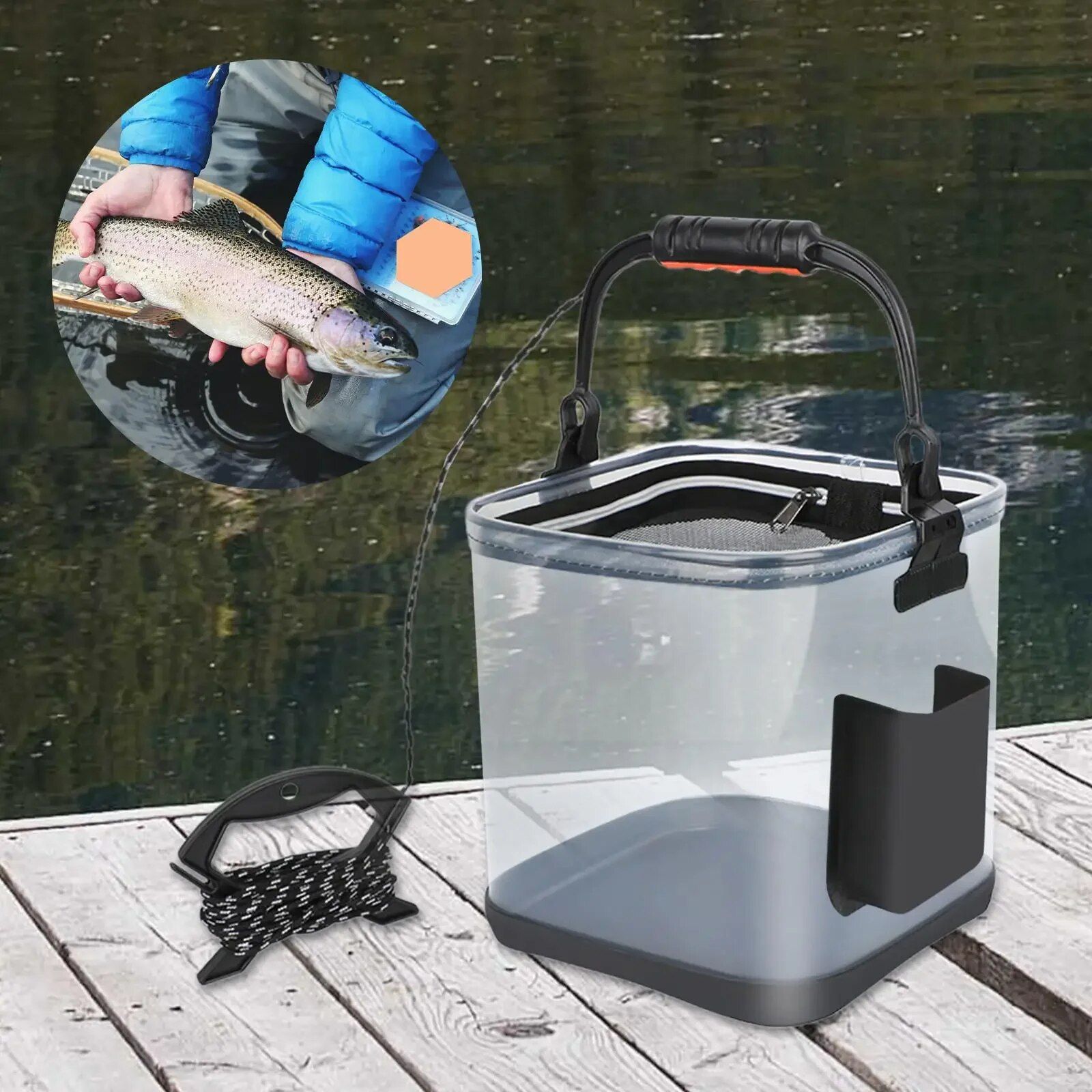 Versatile EVA Collapsible Fishing Bucket: Lightweight & Durable for Outdoor Adventures Model: Small with side pocket Model: Large with side pocket 