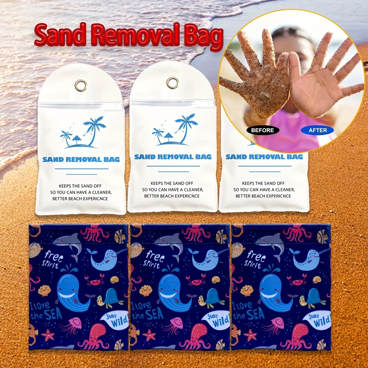 Sand Removal Bag,Summer Beach Party Gifts,Sand Remover For Beach, Powder Pouch Sand Remover Brush Beach Vacation Camping
