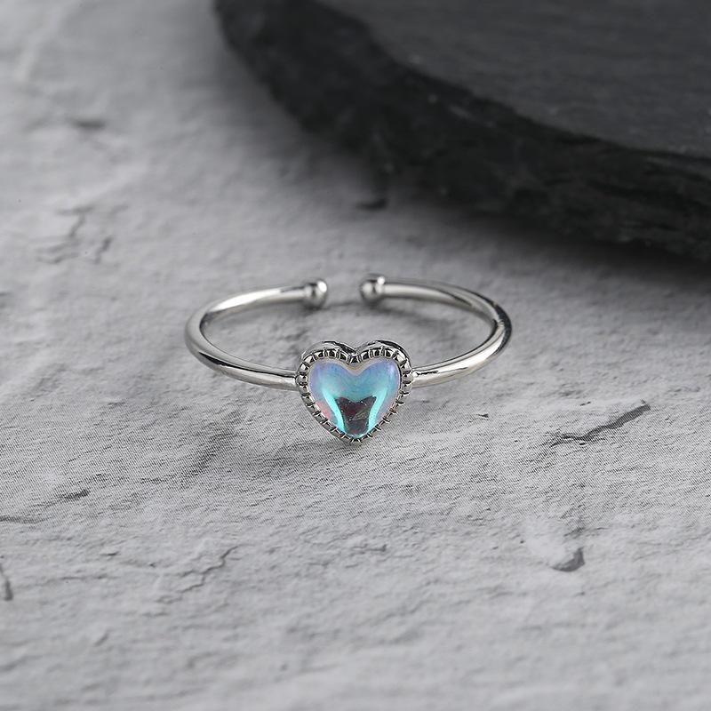 A Girl Colorful Aurora Moonstone Love Heart Rings for Women Heart-shaped Opening Finger Ring Fashion Jewelry
