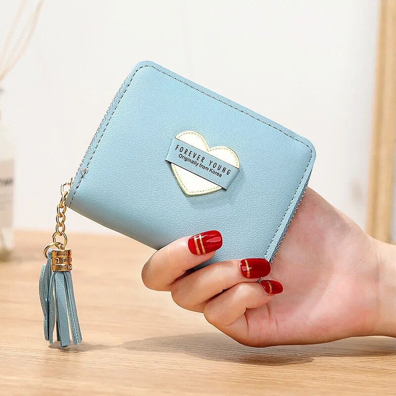 Heart Pattern Leather Mini Wallet with Tassel Zipper Color: Blue 