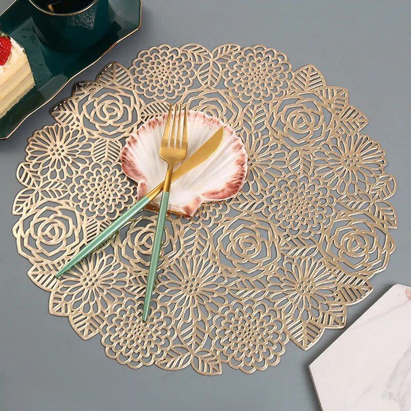 Luxurious Hibiscus Flower Bronzing PVC Table Mat - Heat Resistant, Decorative Placemat for Special Occasions 